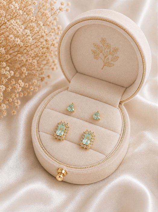 Dupla de brincos crav. aqua dourado