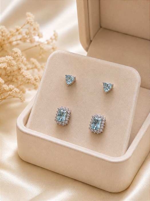 Dupla de brincos crav. aqua branco