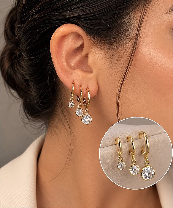 Trio de brincos argola cristais dourado