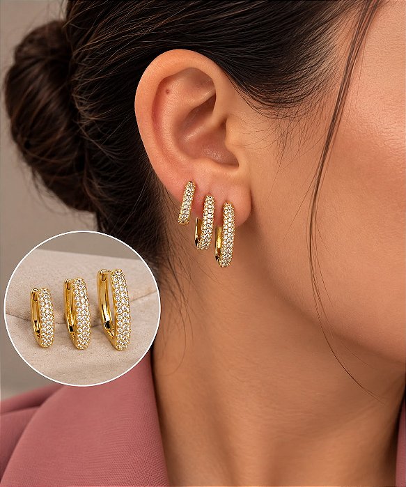 Trio de brincos argola retangular micro zircônia