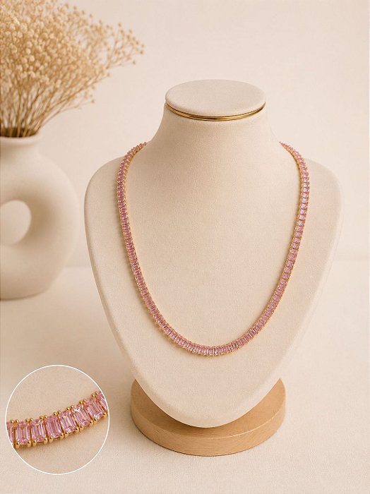 Colar riviera baguete rosa quartzo dourado