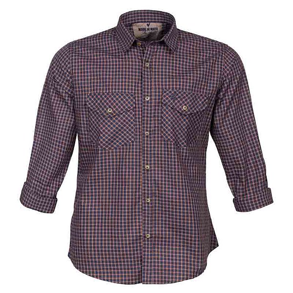 Camisa Masculina Xadrez Marrom Manga Longa com Bolso Tricoline