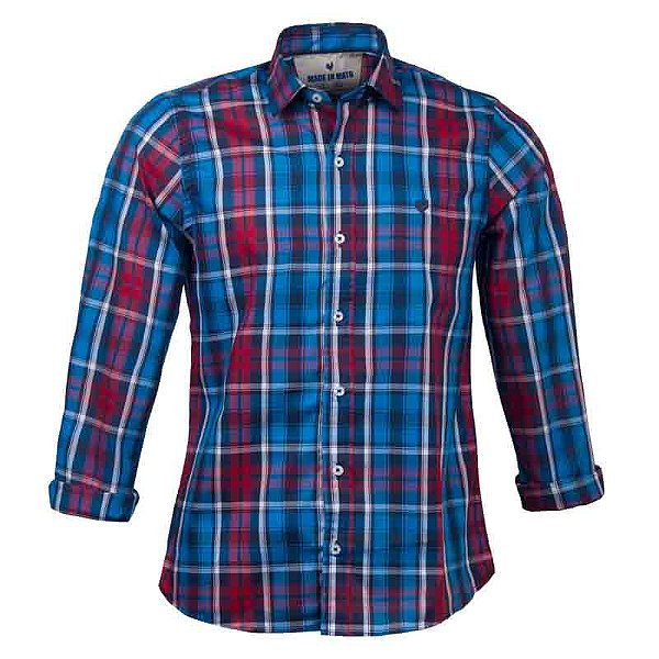 Camisa Masculina Xadrez Manga Longa Made in Mato Azul