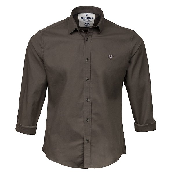 Camisa Masculina Lisa Manga Longa Made in Mato Kaki Escuro
