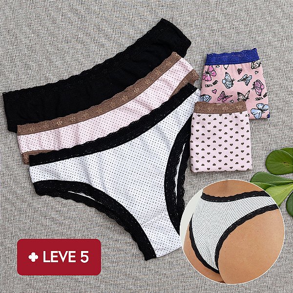 Kit 5 Calcinha De Algodão Tanga Boreale 4 Estampadas 1 Lisa Preta - 35