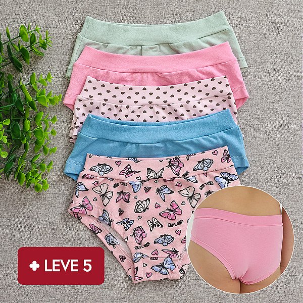 Kit 5 Calcinhas De Algodão confort infantil Lisa e Estampado