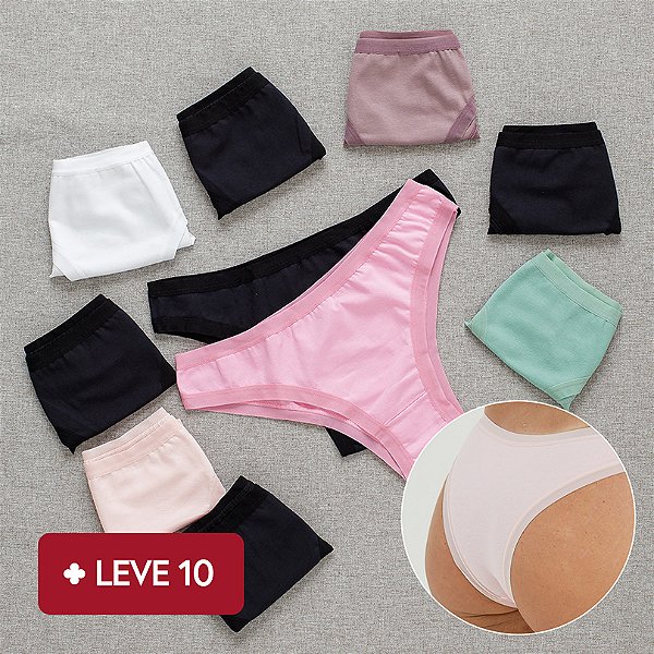 Kit com 10 Calcinhas de Algodão Tanga Leticia - 5 Pretas e 5 sortidas - Ref 01