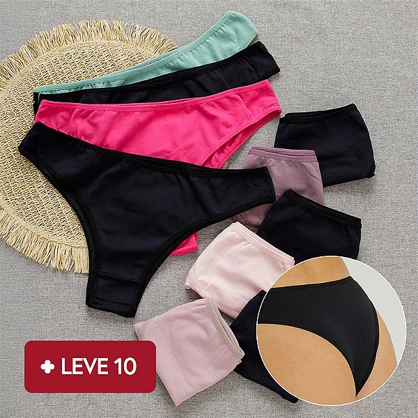 Kit com 10 Calcinhas de Algodão Tanga Delicatta- 5 Pretas e 5 sortidas - Ref 02