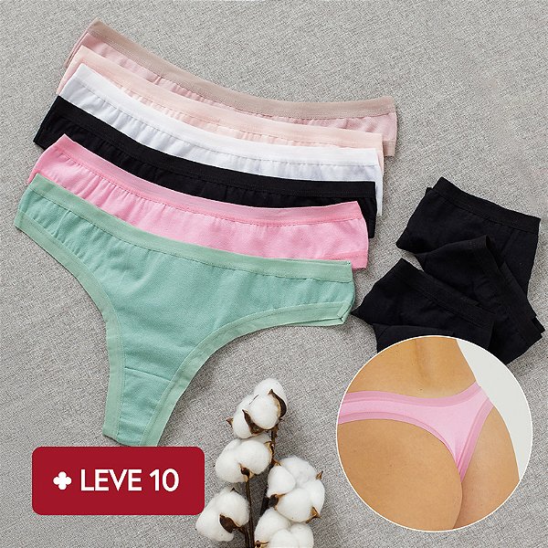 Kit com 10 Calcinhas de Algodão Fio Dental- 5 Pretas e 5 sortidas - Ref 06