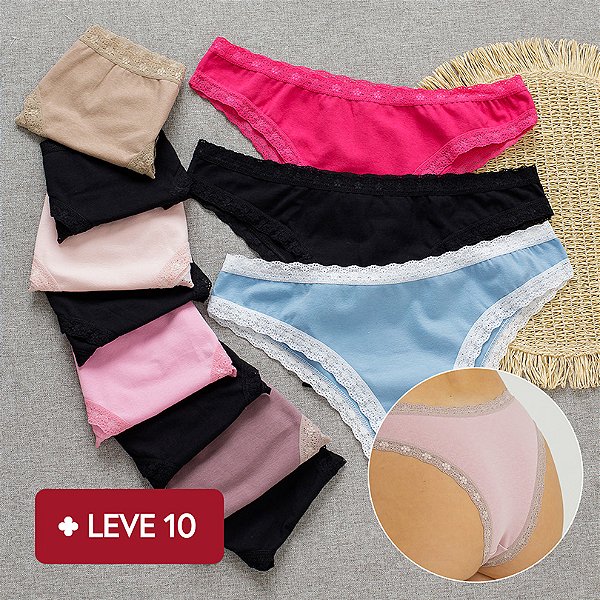 Kit com 10 Calcinhas de Algodão Tanga Boreale - 5 Pretas e 5 sortidas - Ref 36