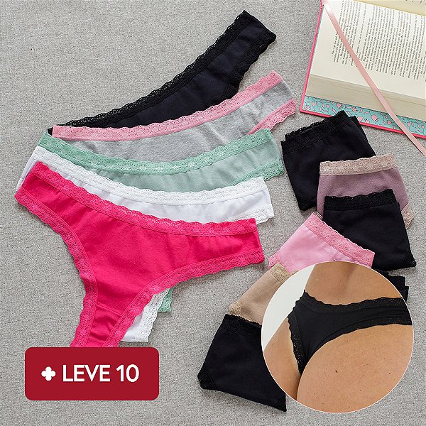 Kit com 10 Calcinhas de Algodão Fio Dental- 5 Pretas e 5 sortidas - Ref 48