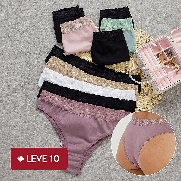 Kit com 10 Calcinhas de Algodão Tanga Renda Isabela - 5 Pretas e 5 sortidas - Ref 25