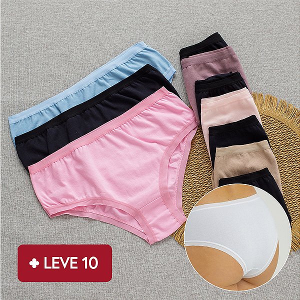 Kit com 10 Calcinhas de Algodão Tanga Alta Leticia - 5 Pretas e 5 sortidas - 14