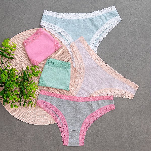kit 5 Calcinha de Algodão Tanga Renda Boreale 4 Mescla e 1 Lisa - 64