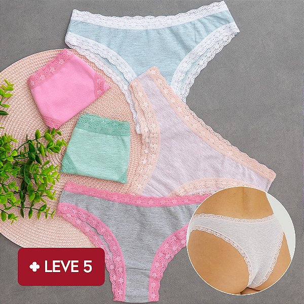 kit 5 Calcinha de Algodão Tanga Renda Boreale 4 Mescla e 1 Lisa - 64