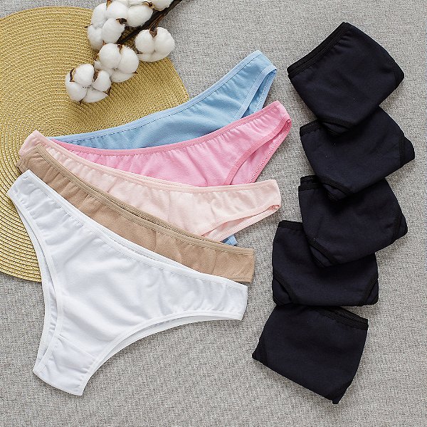 Kit com 10 Calcinhas de Algodão Tanga Biquini- 5 Pretas e 5 sortidas - Ref 26