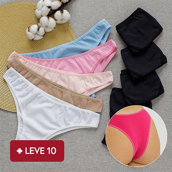 Kit com 10 Calcinhas de Algodão Tanga Biquini- 5 Pretas e 5 sortidas - Ref 26