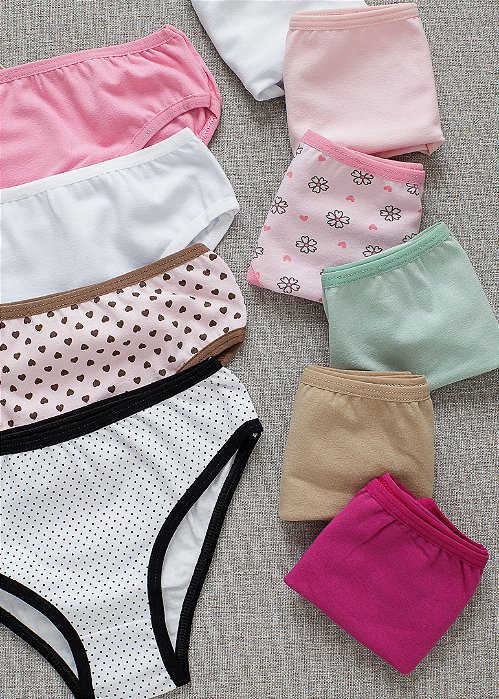 Kit Lulu com 10 Calcinhas de Algodão Infantil sortidas - 5 lisas e 5 estampadas