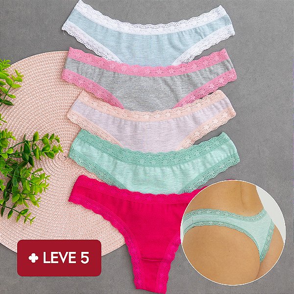 kit 5 Calcinha de Algodão Fio Dental Renda Boreale 4 Mescla e 1 Lisa - 65