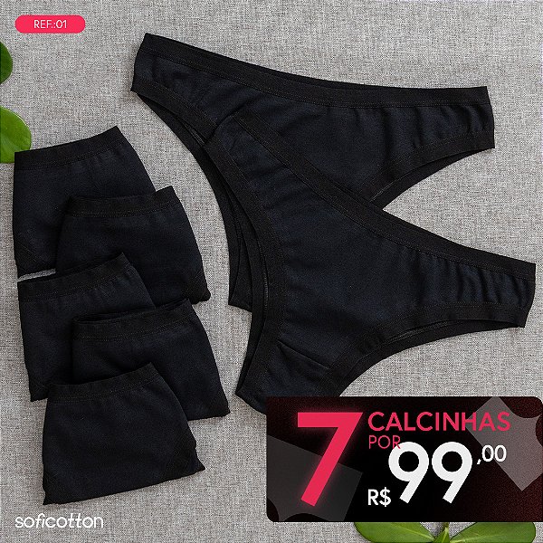 kit Semaninha 7 Calcinhas De Algodão Tanga Leticia Pretas - 01