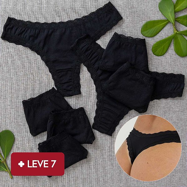 Kit Semaninha 7 Calcinhas De Algodão Fio Dental Boreale Pretas  - 48
