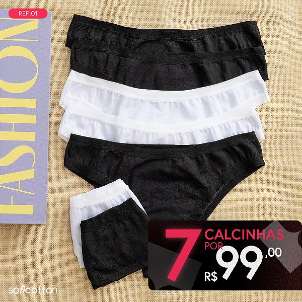 Kit Semaninha 7 Calcinhas De Algodão Tanga Leticia Brancas e Pretas K7-01PB