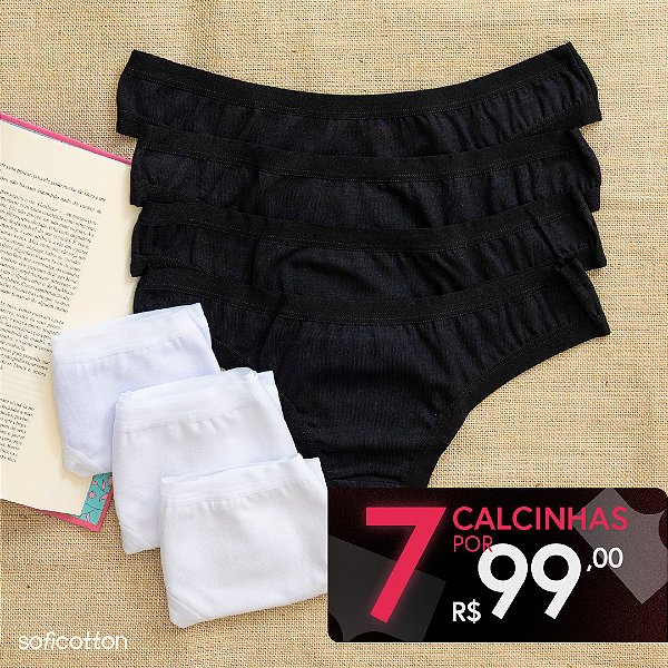 Kit Semaninha 7 Calcinhas De Algodão Fio Dental Brancas e Pretas K7-06PB