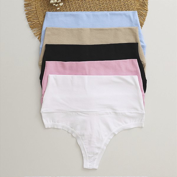 Kit de 5 Calcinhas de Algodão Fio Duplo Alta Cós Duplo e Lateral Dupla K5-76