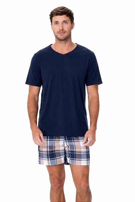 Pijama Masculino com Camiseta Decote V e Bermuda Xadrez ZR3300-073-2137