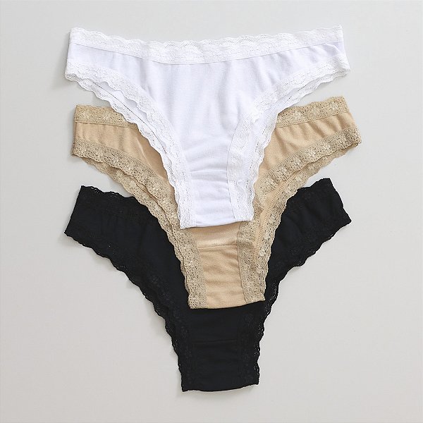 Kit de 3 Calcinhas De Algodão Tanga Boreale Preta Branca Chocolate K3-36-PBC
