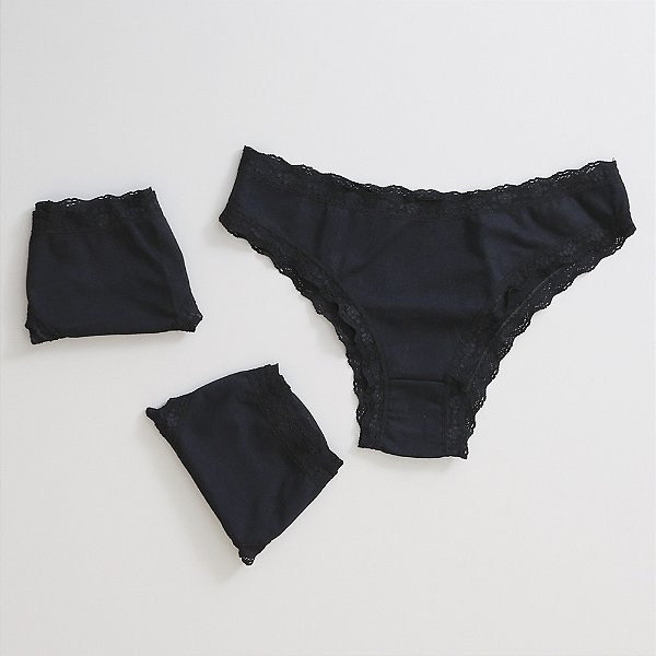 Kit de 3 Calcinhas De Algodão Tanga Boreale Preto K3-36-PR