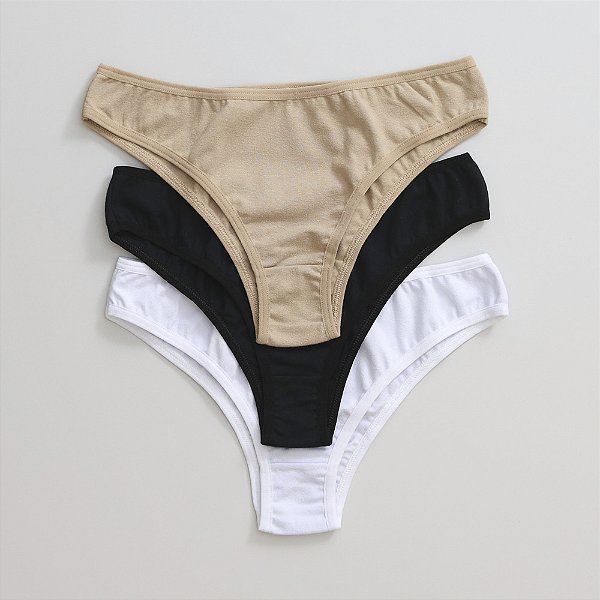 Kit de 3 Calcinhas De Algodão Tanga Delicatta Preta Branca Chocolate K3-02-PBC