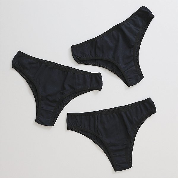 Kit de 3 Calcinhas De Algodão Tanga Delicatta Preta K3-02-PR