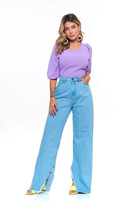 Calça Feminina Jeans Wide Leg Mini Fenda Godli