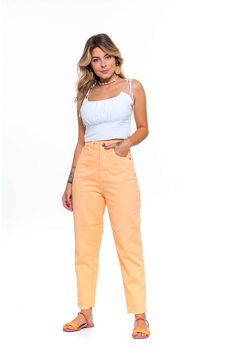 Calça Feminina Color Laranja Mom Barra Desfiada Godli