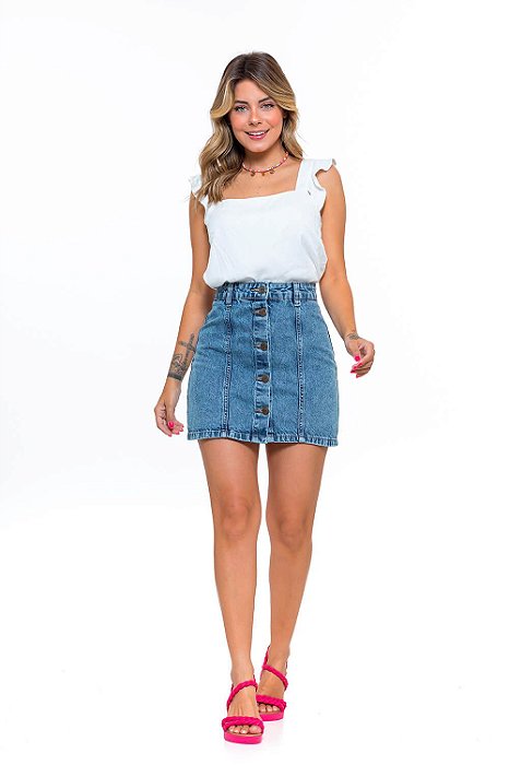 Saia Feminina Jeans Abotoamento Frontal Godli