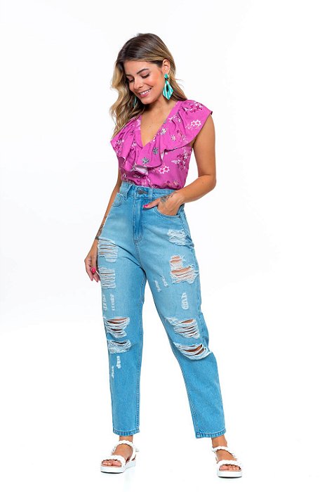 Calça Feminina Jeans Mom Destroyed Godli