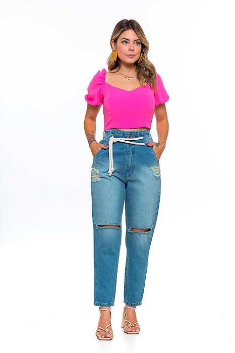 Calça Feminina Jeans Mom Com Cordão Godli