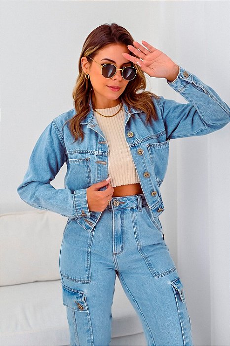Jaqueta Feminina Jeans Cropped Clara Elástico Barra Godli