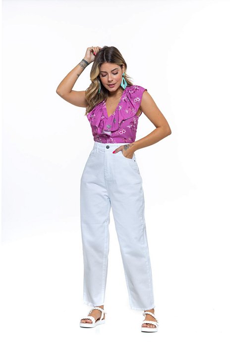 Calça Feminina Color Branca Mom Cós Alto Barra Desfiada Godli