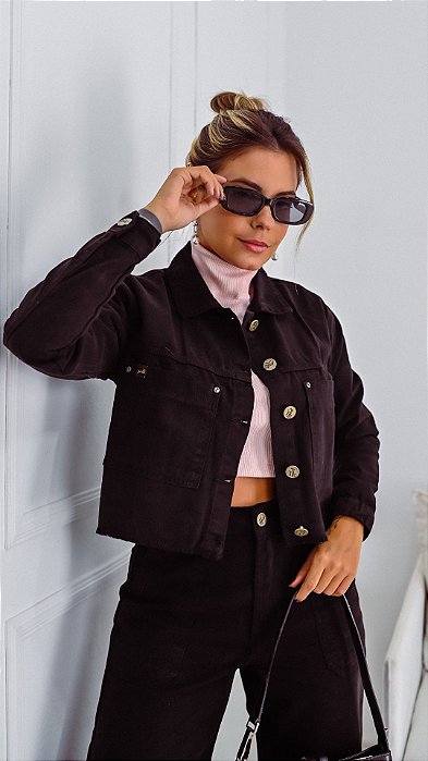 Jaqueta Feminina Color Preta Cropped Barra Desfiada Godli