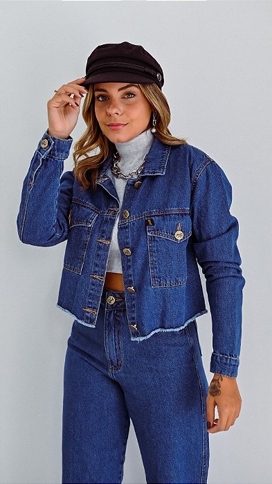 Jaqueta Feminina Jeans Cropped Barra Desfiada Godli