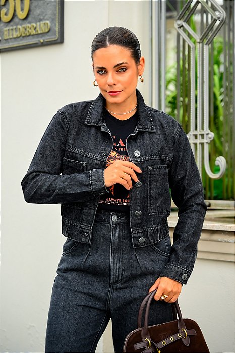 Jaqueta Feminina Jeans Cropped Elástico Barra Black Denim Godli