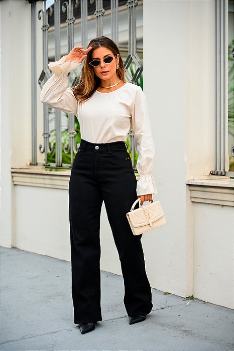Calça Feminina Color Wide Leg Cotelê Preto Godli
