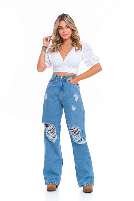 Calça Feminina Jeans Wide Leg Delavê Destroyed Godli