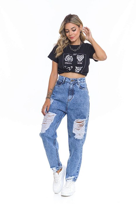 Calça Feminina Jeans Mom Com Rasgos Godli