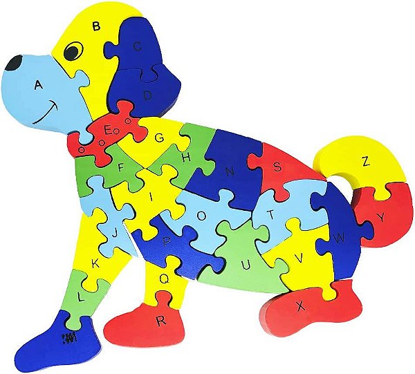 Quebra-Cabeça Educativo em Madeira Cachorro com Vogais e Números