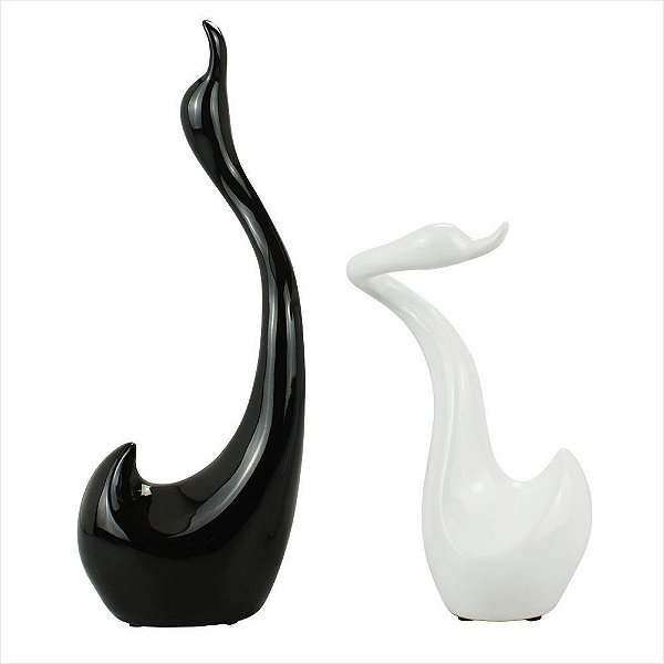 Enfeite Cerâmica Cisnes Preto Branco Entrelaçados 22.5cm