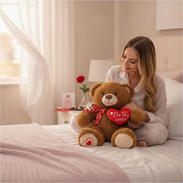 Urso de Pelúcia Coração 36cm em Poliéster Fizzy