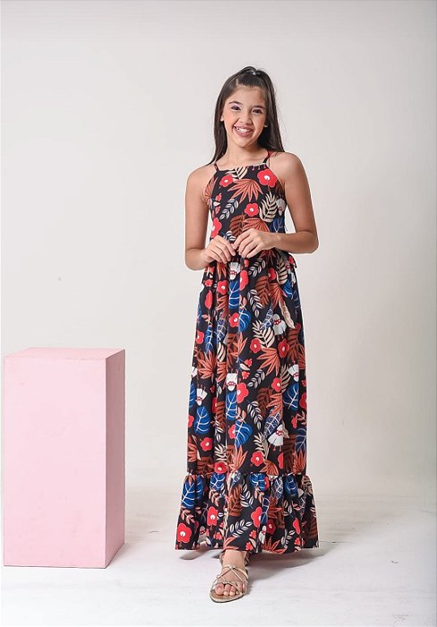 Vestido Black floral longo - Coleção LIKE TWINS - mãe e filha
